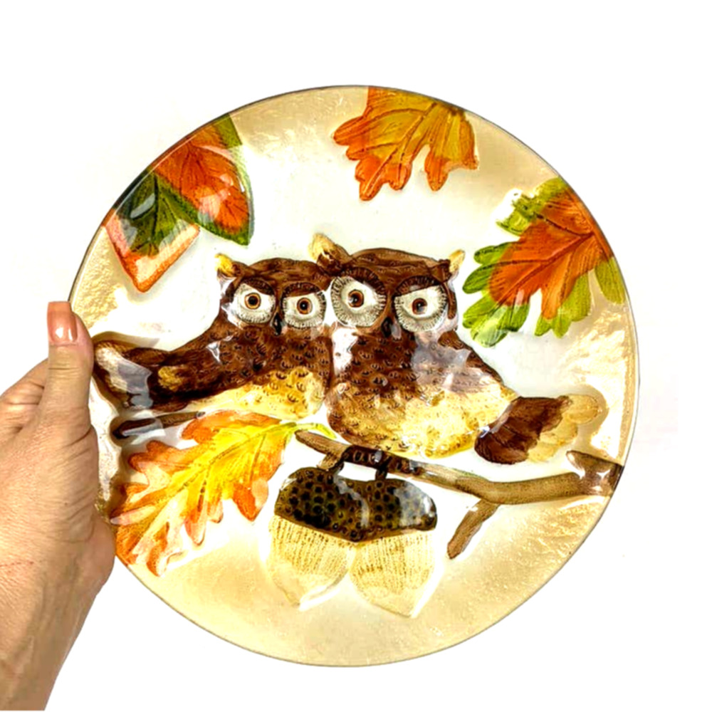 Vintage Glass Owls And Acorns Fall Decor Plate Platter 11.25"